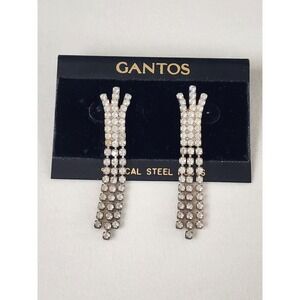 45 Yr Old GANTOS Signed Rhinestone Earrings Drop Dangle Glamorous! FREE‎ $HIP!